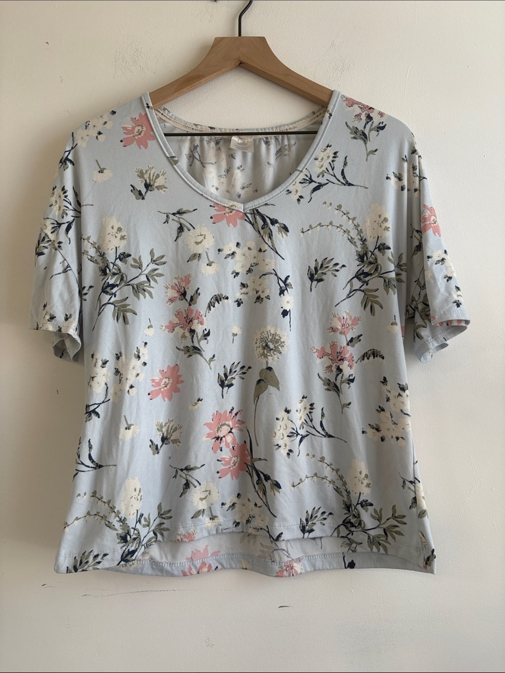 Lucky Brand Pale Blue Floral Short Sleeve Tee with Pink Blooms